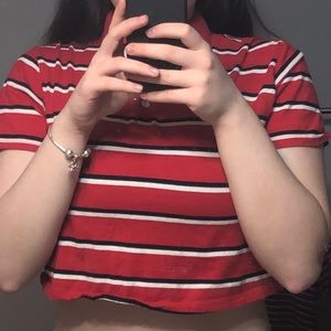 Garage Red and White Striped Collared Cropped T-Shirt!!!